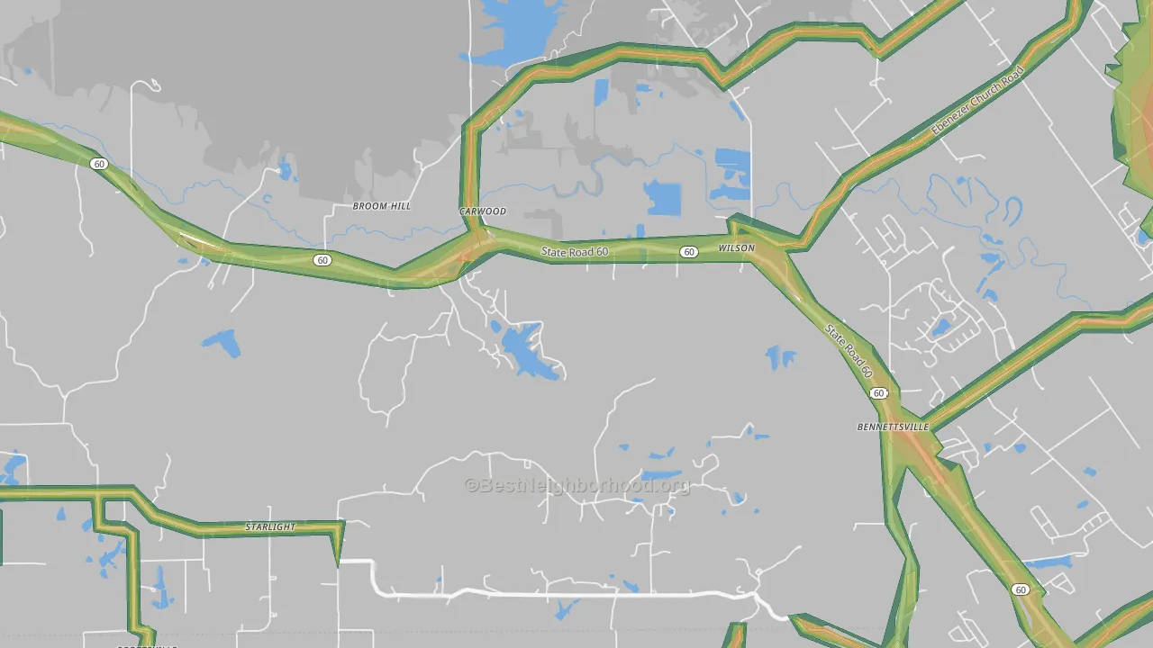 Broom Hill, IN Map of Noise Levels in Broom Hill
