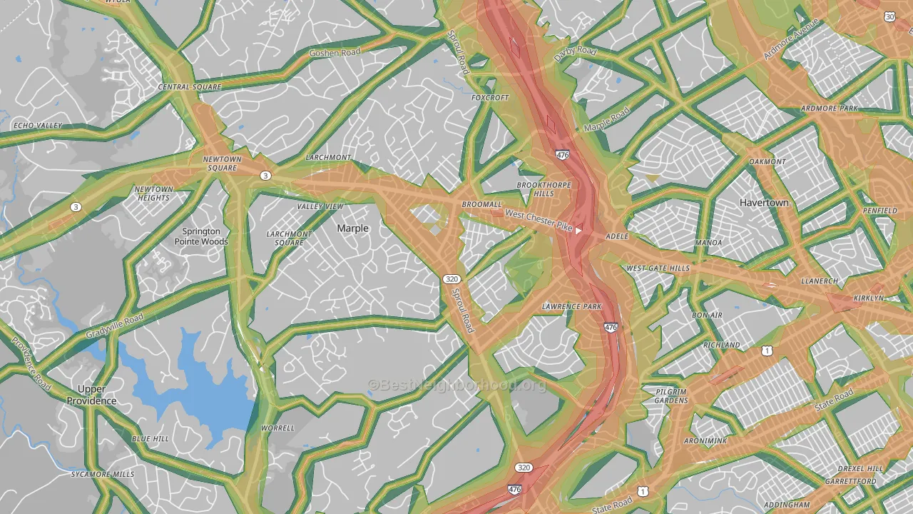 Broomall, PA Map of Noise Levels in Broomall
