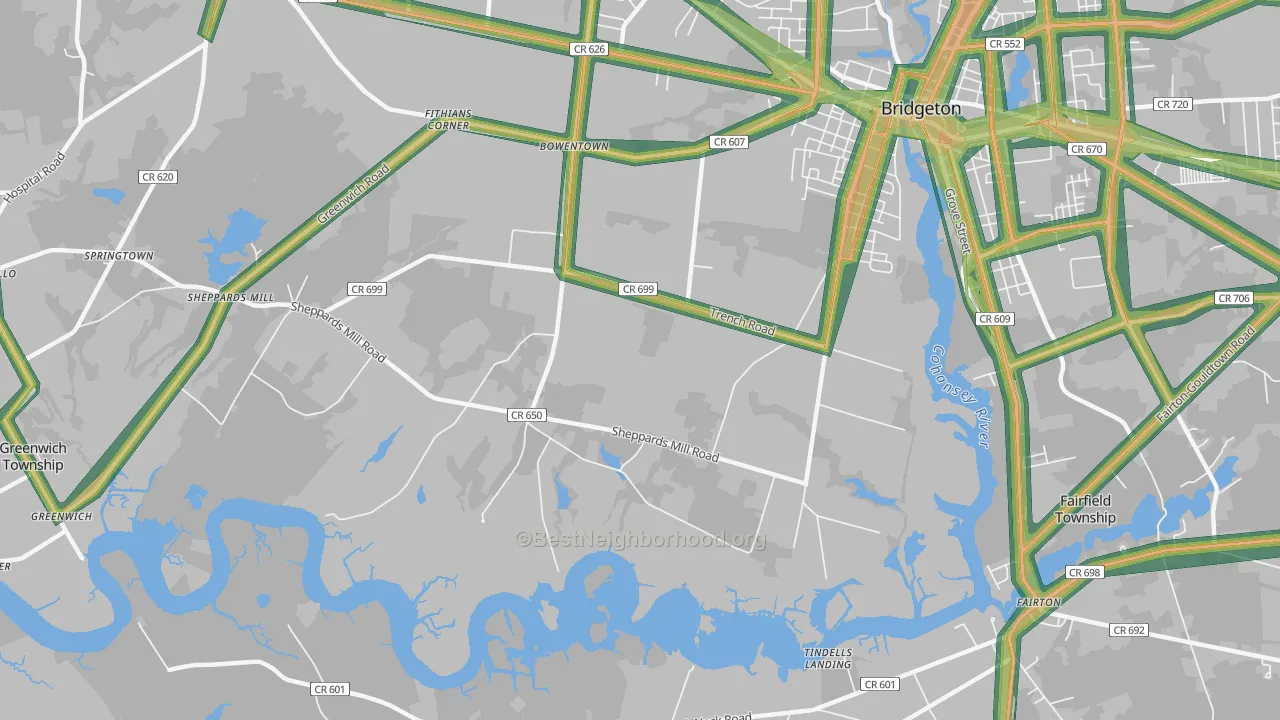 Brotmanville, NJ Map of Noise Levels in Brotmanville