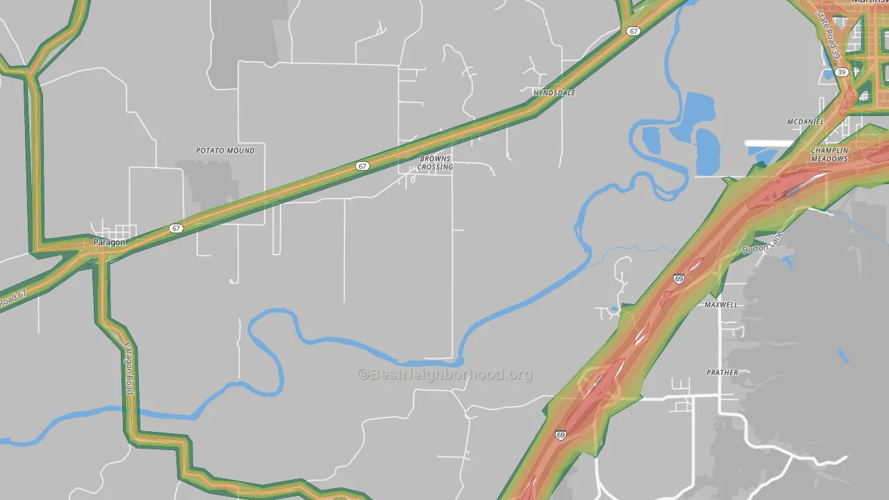 Browns Crossing, IN Map of Noise Levels in Browns Crossing