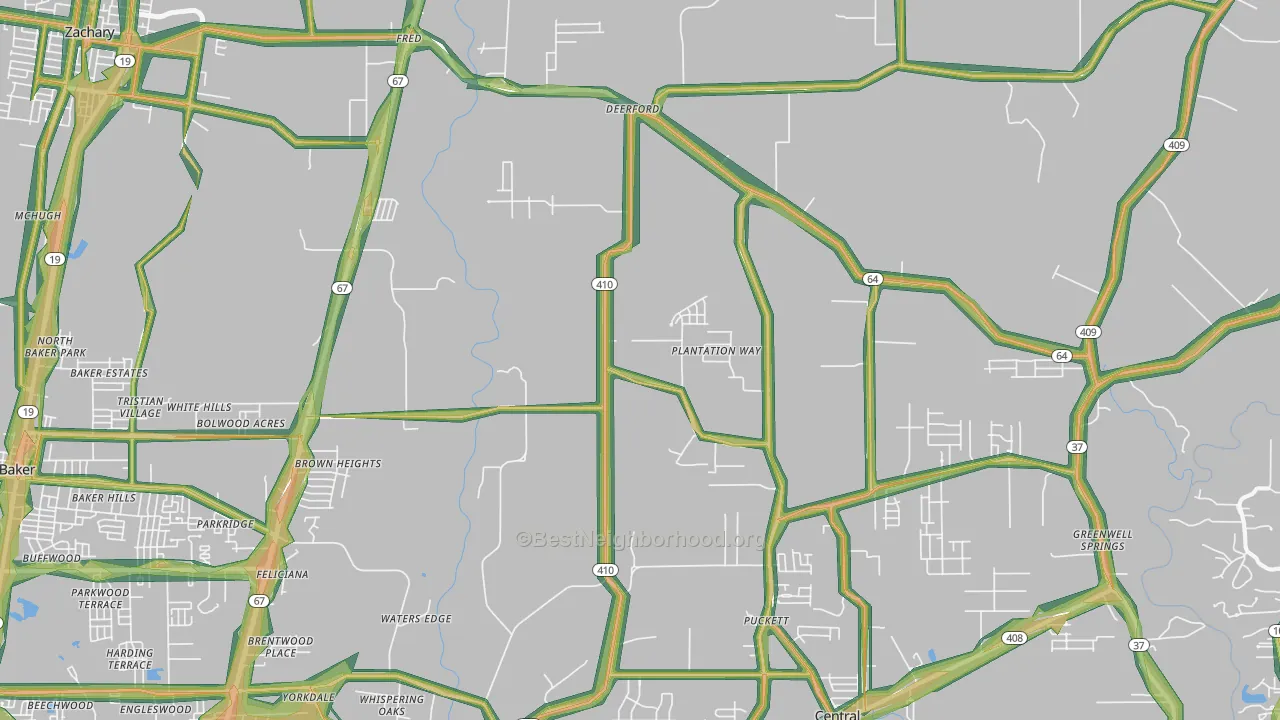 Brownsfield-Central, Baton Rouge, LA Map of Noise Levels in Brownsfield-Central