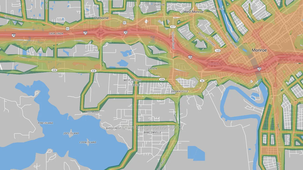 Brownsville, LA Map of Noise Levels in Brownsville