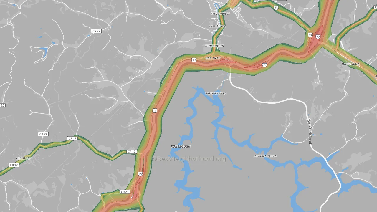 Brownsville, WV Map of Noise Levels in Brownsville