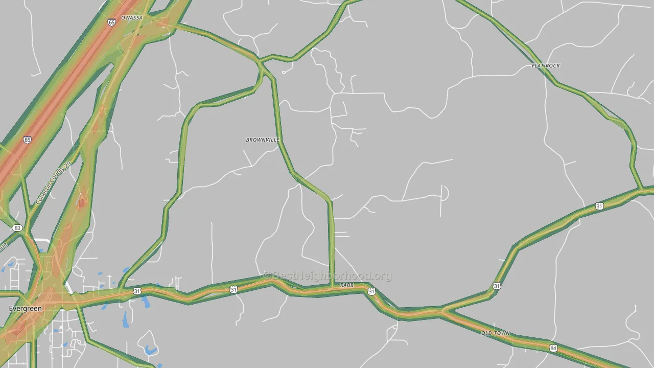 Brownville, AL Map of Noise Levels in Brownville