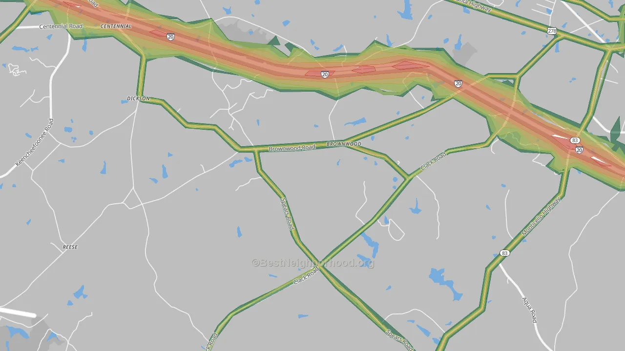 Brownwood, GA Map of Noise Levels in Brownwood