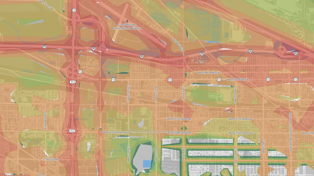 Brunswick, Gary, IN Map of Noise Levels in Brunswick