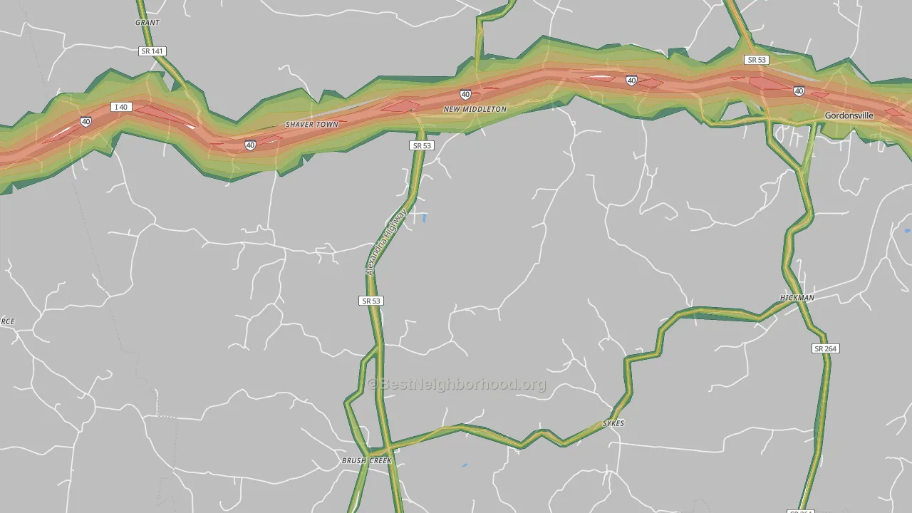 Brush Creek, TN Map of Noise Levels in Brush Creek