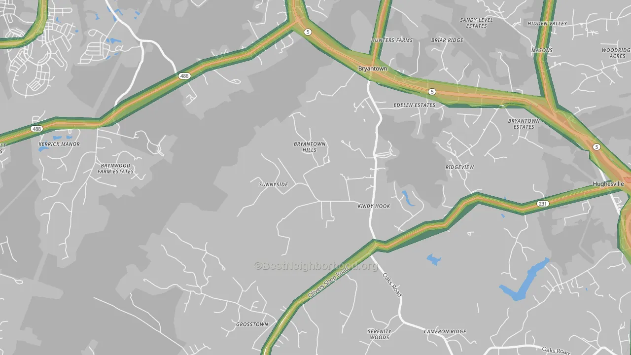 Bryantown, MD Map of Noise Levels in Bryantown