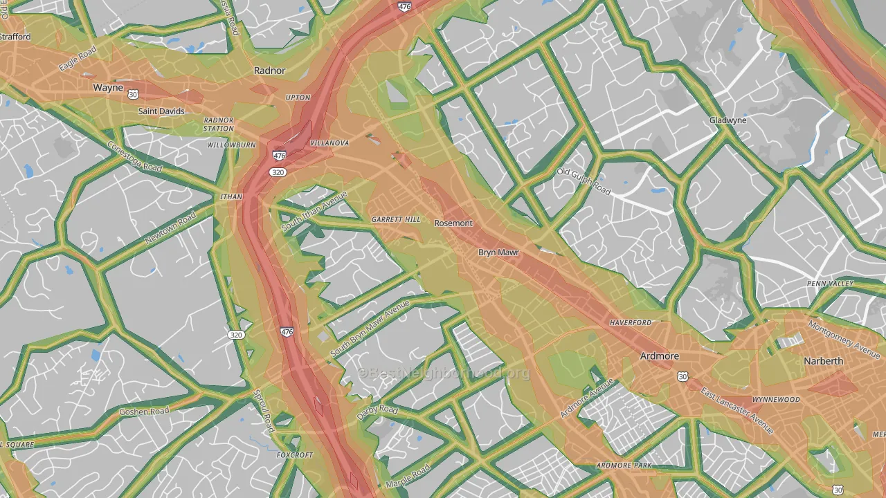 Bryn Mawr, PA Map of Noise Levels in Bryn Mawr