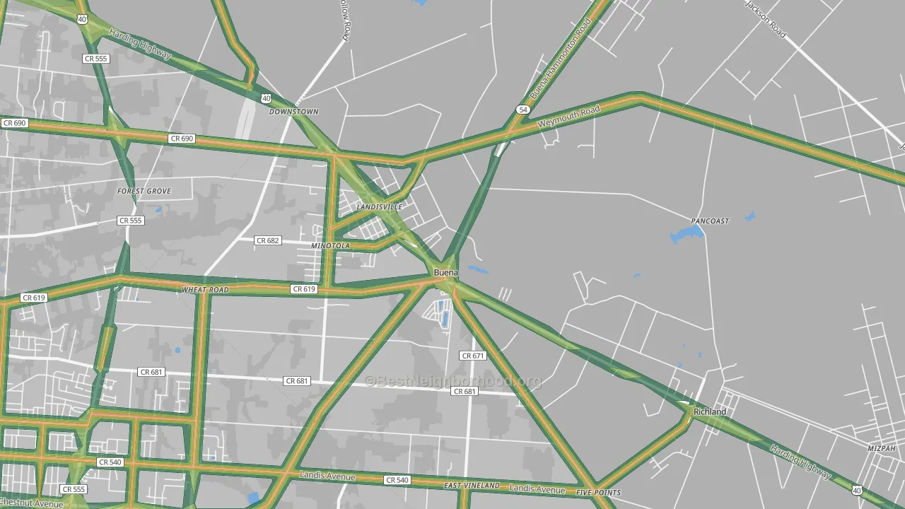 Buena, NJ Map of Noise Levels in Buena