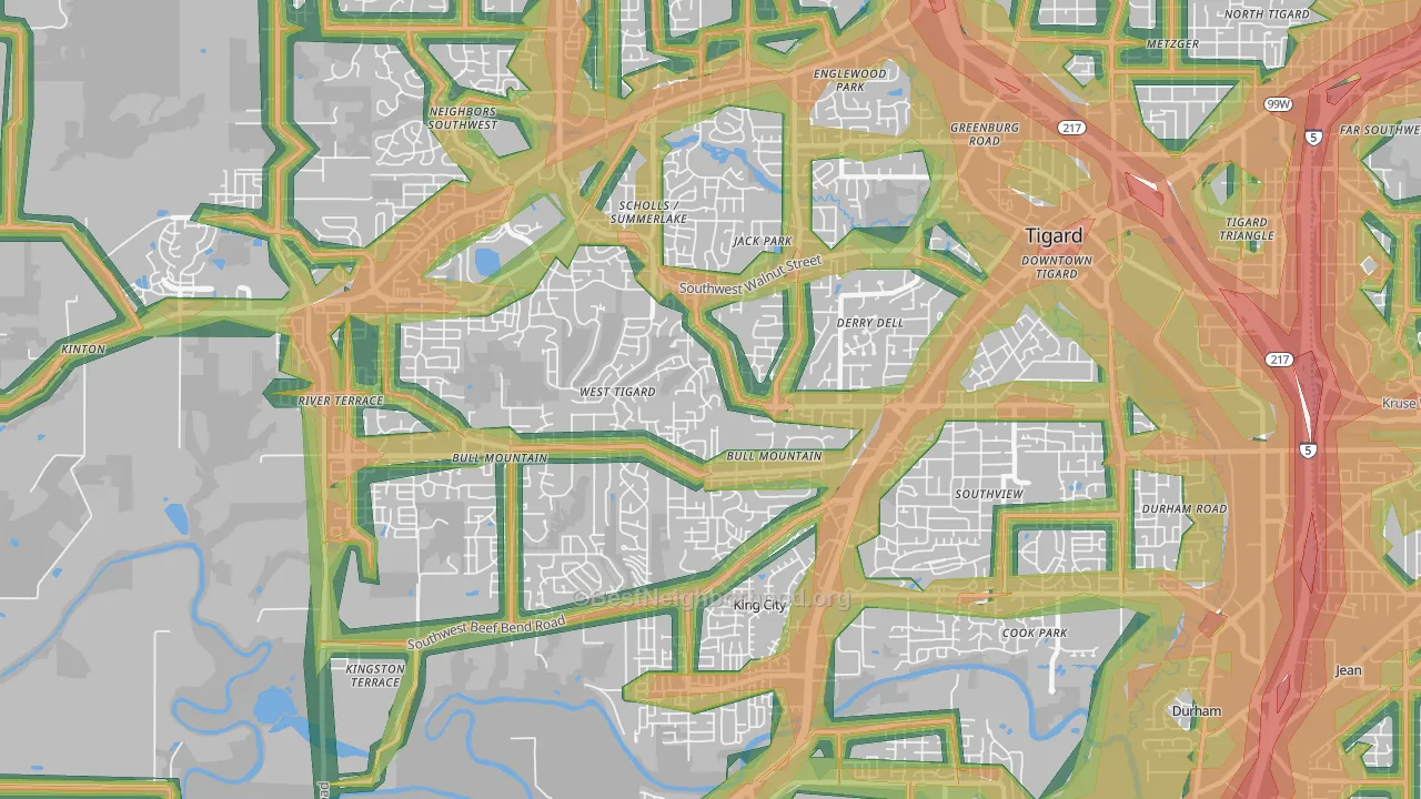 Bull Mountain, Tigard, OR Map of Noise Levels in Bull Mountain