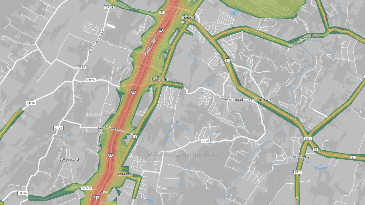 Bunker Hill, WV Map of Noise Levels in Bunker Hill
