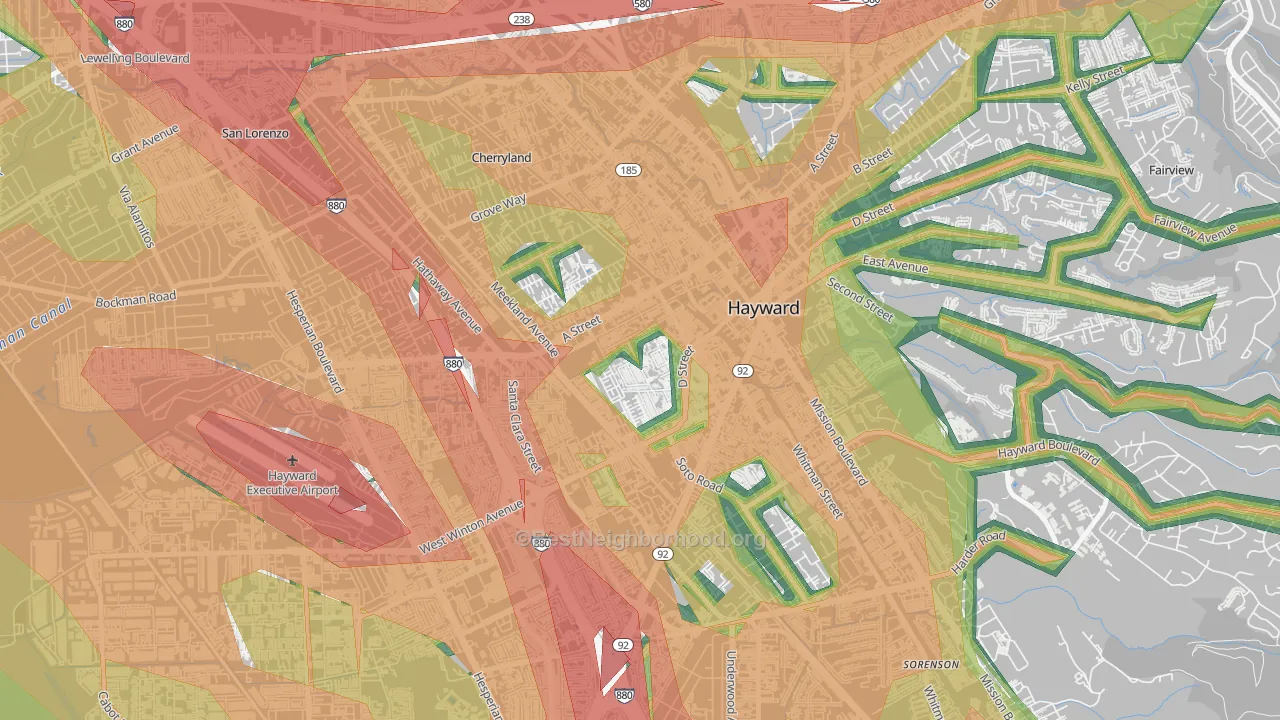 Burbank-Hayward, Hayward, CA Map of Noise Levels in Burbank-Hayward