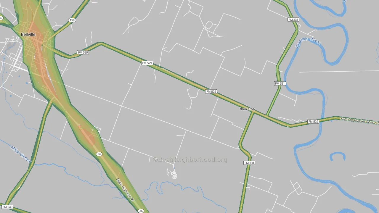 Burleigh, TX Map of Noise Levels in Burleigh