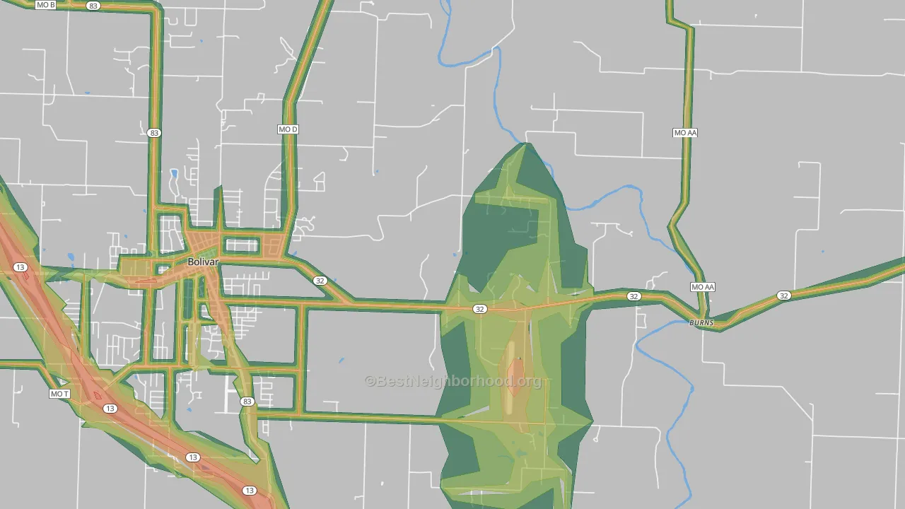 Burns, MO Map of Noise Levels in Burns
