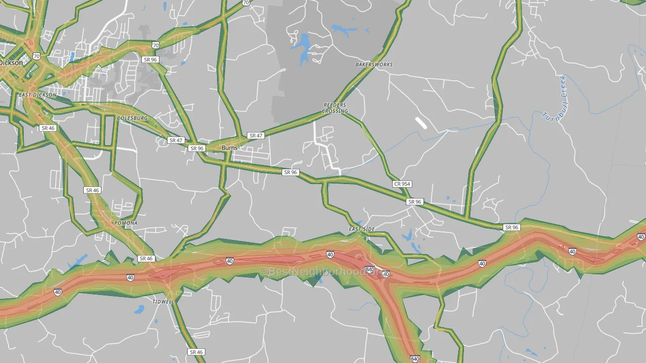 Burns, TN Map of Noise Levels in Burns