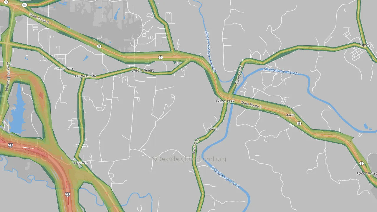 Burnwell, AL Map of Noise Levels in Burnwell