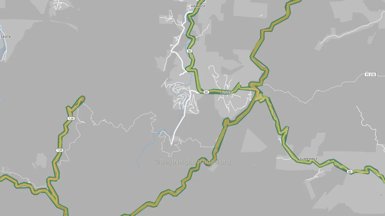 Busick, NC Map of Noise Levels in Busick