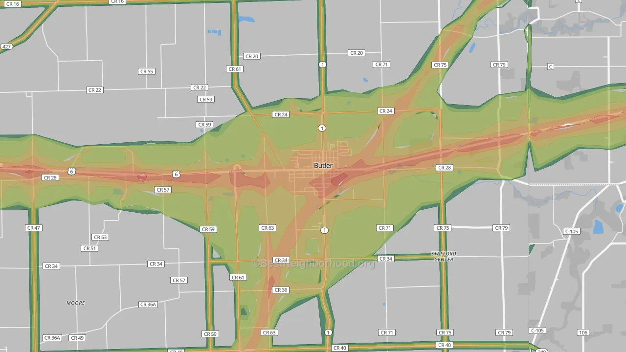 Butler, IN Map of Noise Levels in Butler