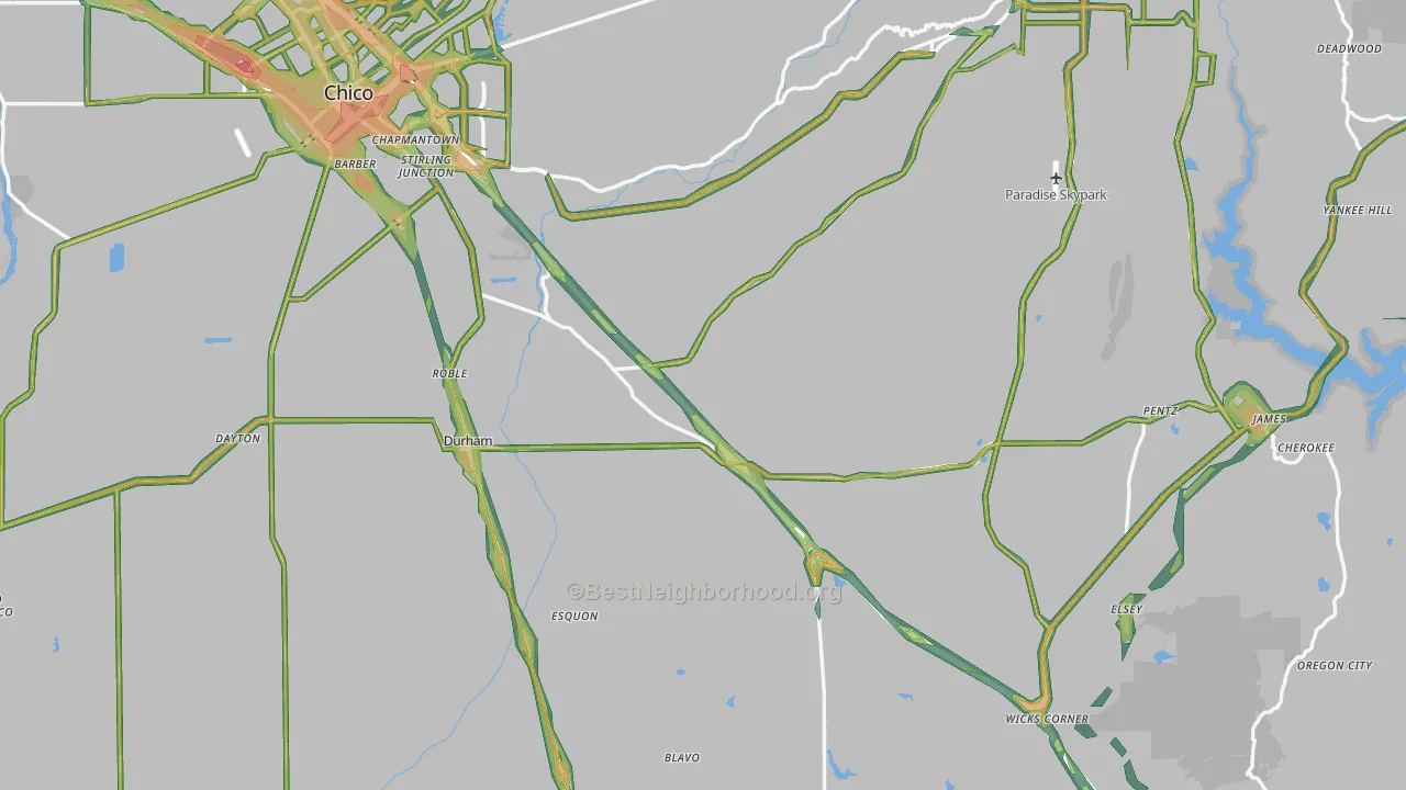 Butte County, CA Map of Noise Levels in Butte County