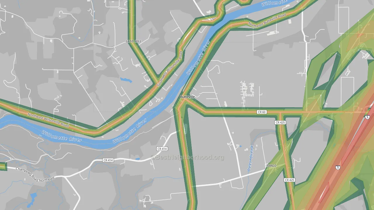 Butteville, OR Map of Noise Levels in Butteville