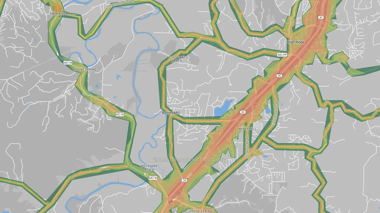 Byrnes Mill, MO Map of Noise Levels in Byrnes Mill