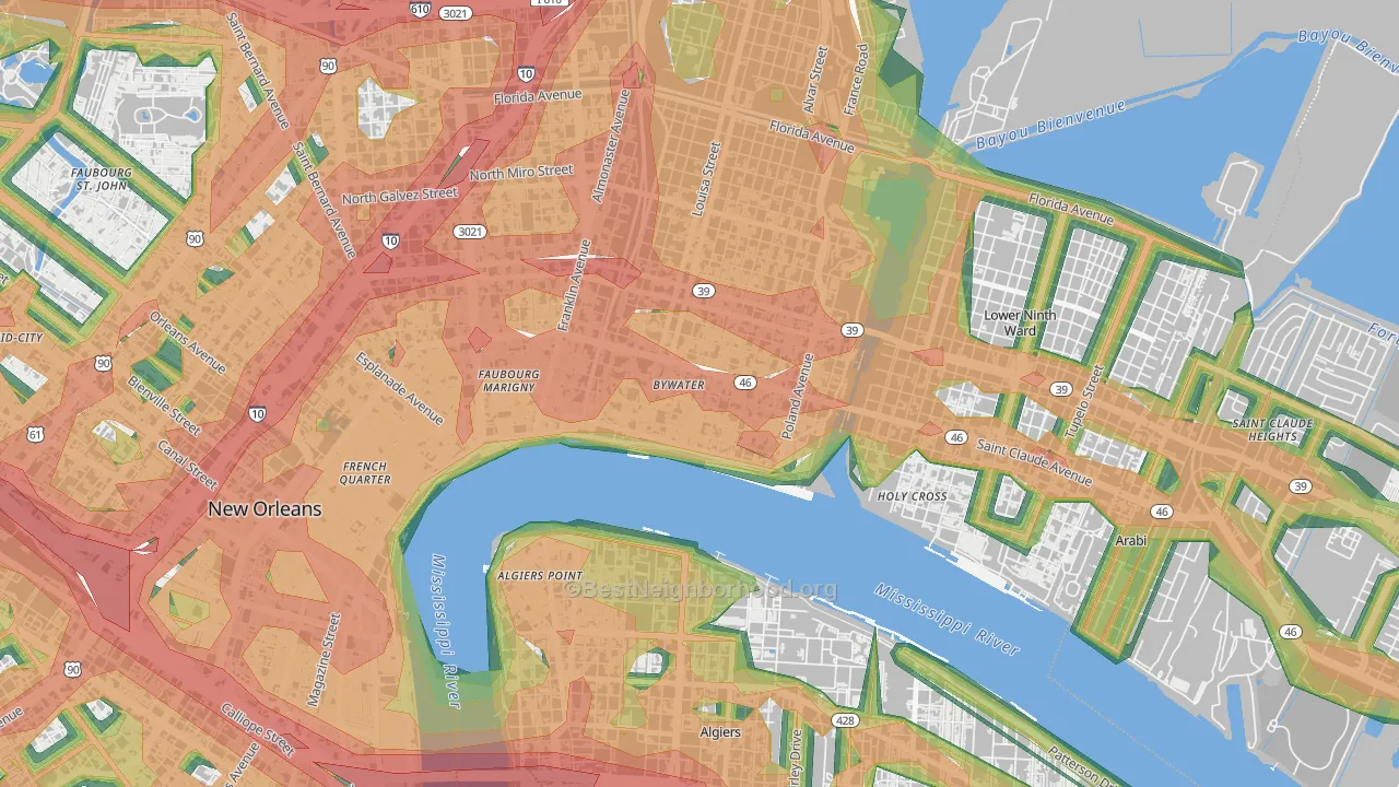 Bywater, New Orleans, LA Map of Noise Levels in Bywater