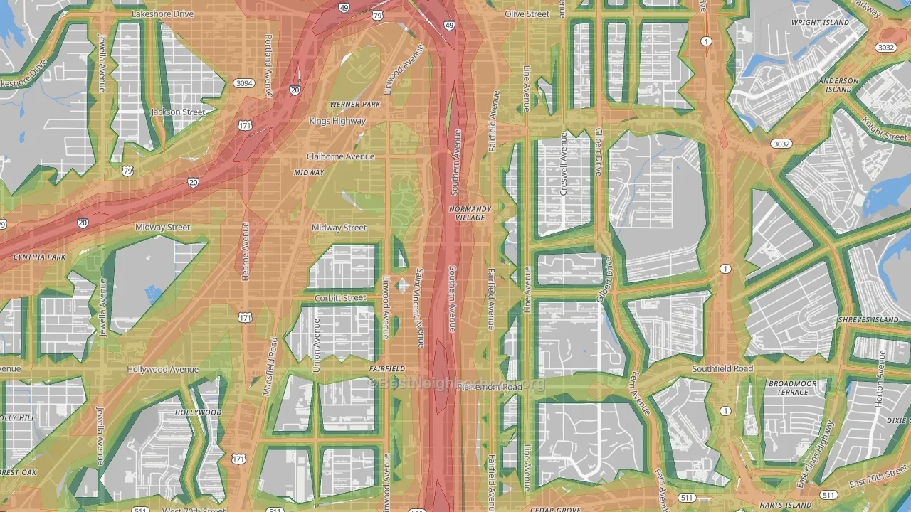 Caddo Heights-South Highlands, Shreveport, LA Map of Noise Levels in Caddo Heights-South Highlands