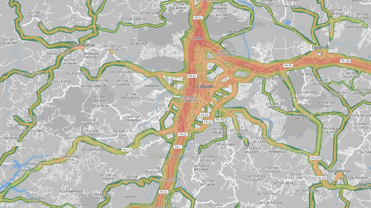 Caguas Municipio, PR Map of Noise Levels in Caguas Municipio