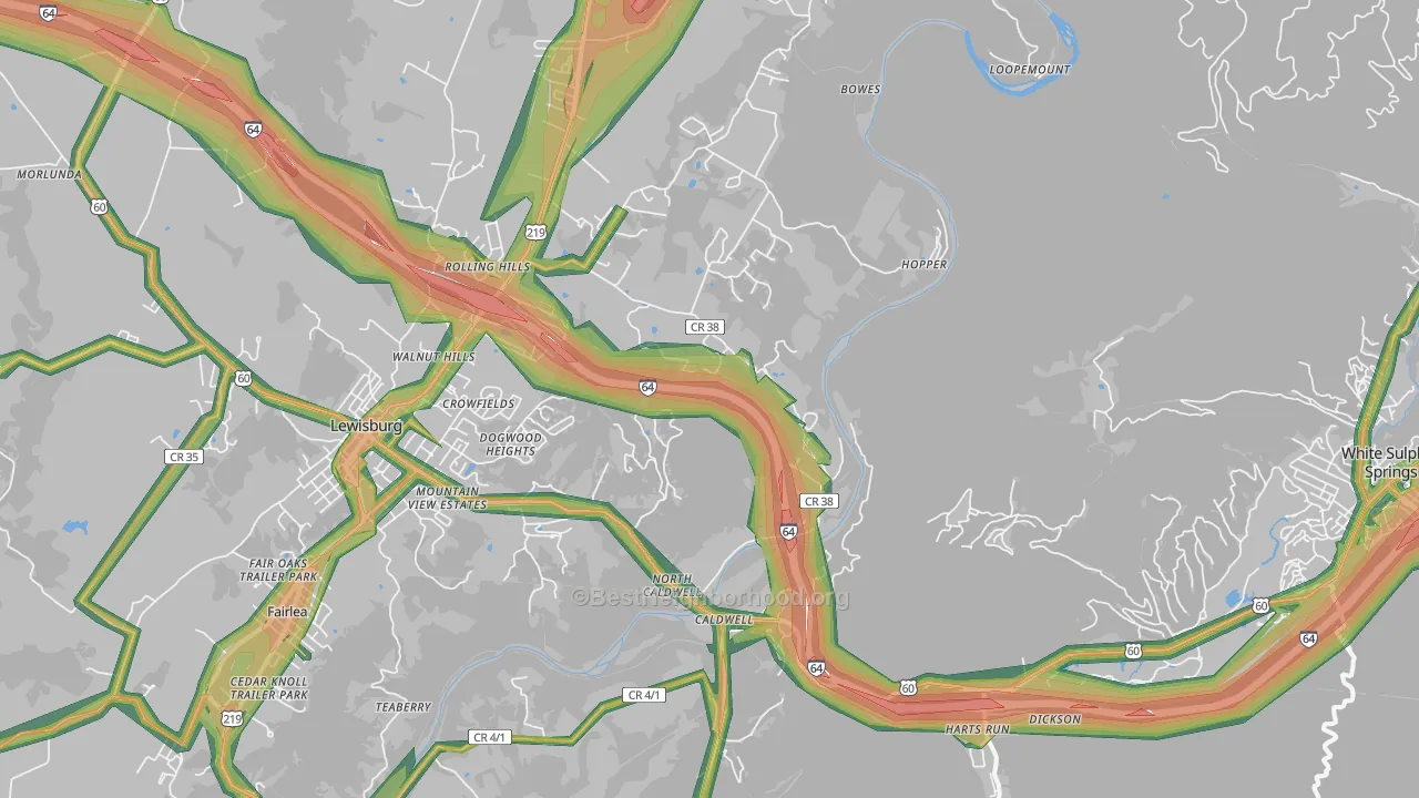 Caldwell, WV Map of Noise Levels in Caldwell