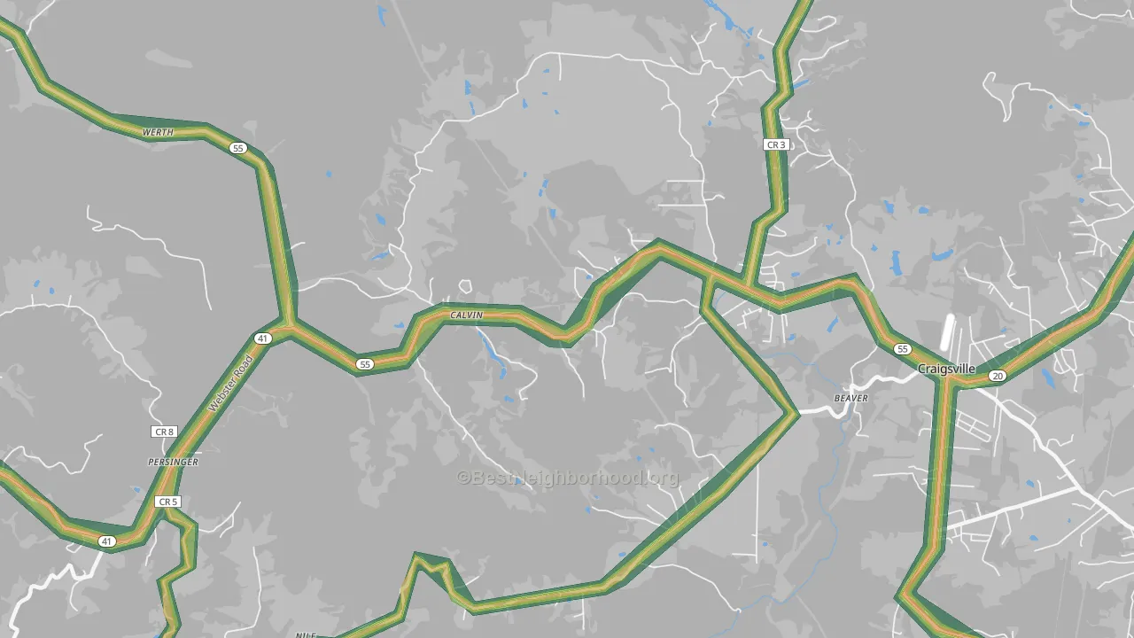 Calvin, WV Map of Noise Levels in Calvin