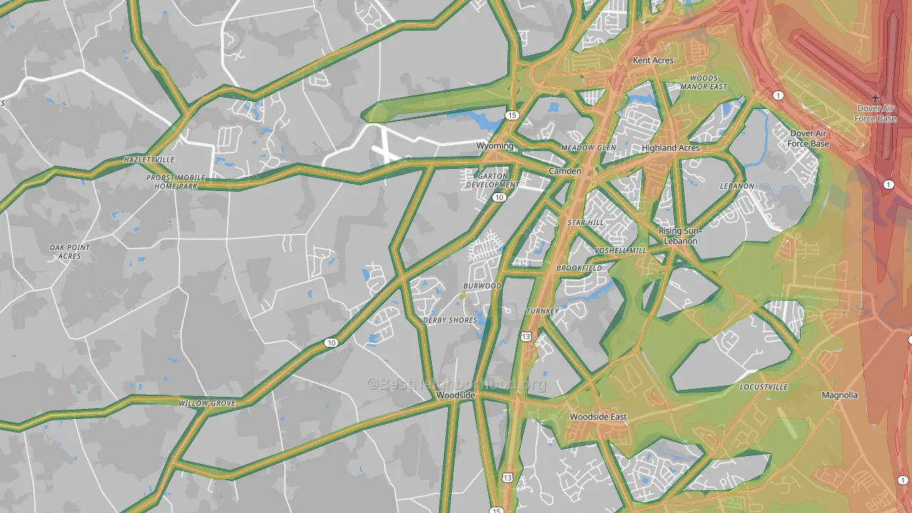 Camden, DE Map of Noise Levels in Camden