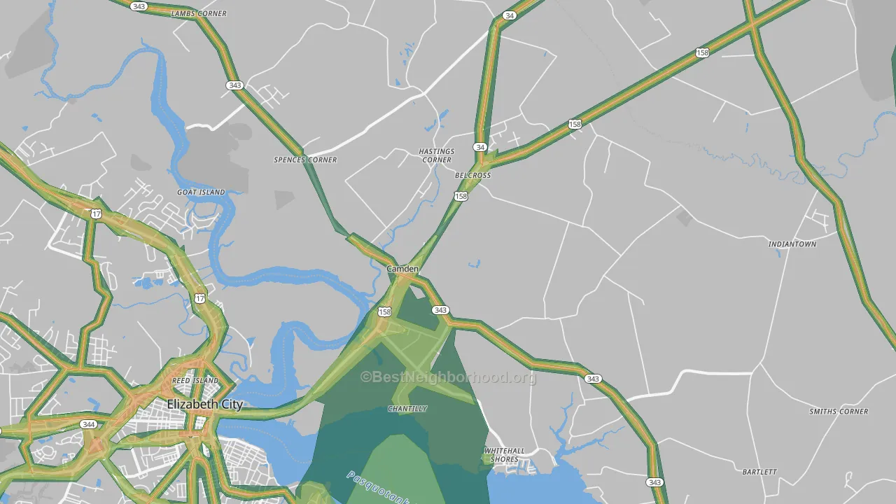 Camden, NC Map of Noise Levels in Camden