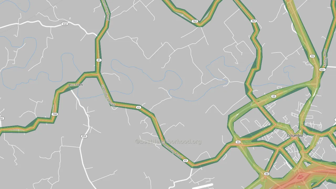 Cane Valley, KY Map of Noise Levels in Cane Valley