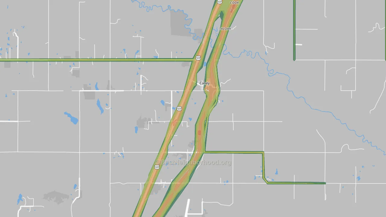 Caney, OK Map of Noise Levels in Caney