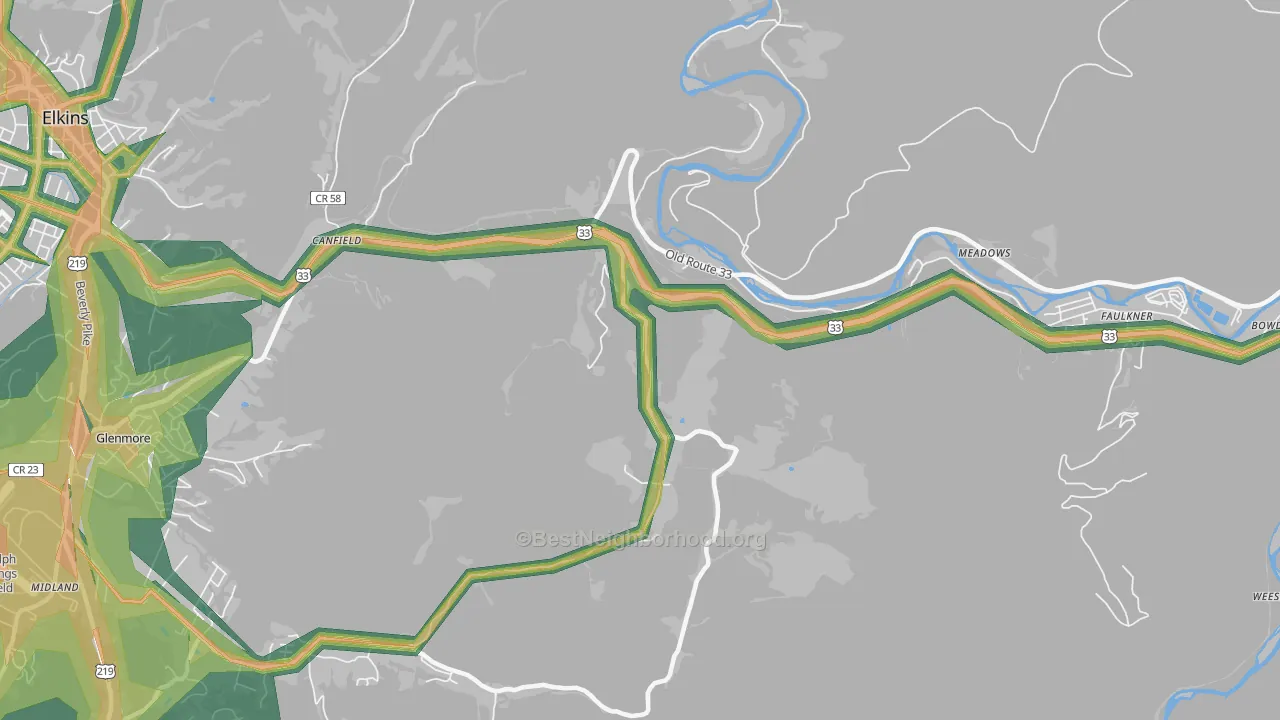 Canfield, WV Map of Noise Levels in Canfield