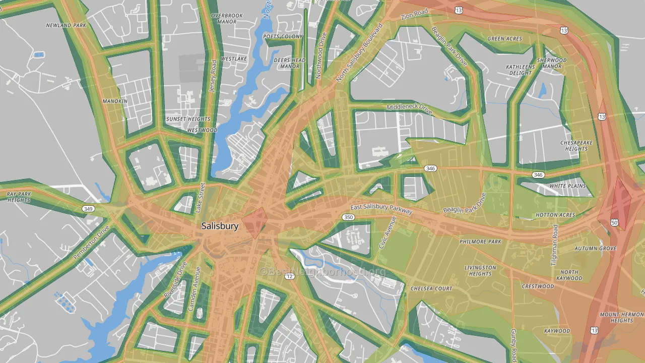 Canton, Salisbury, MD Map of Noise Levels in Canton