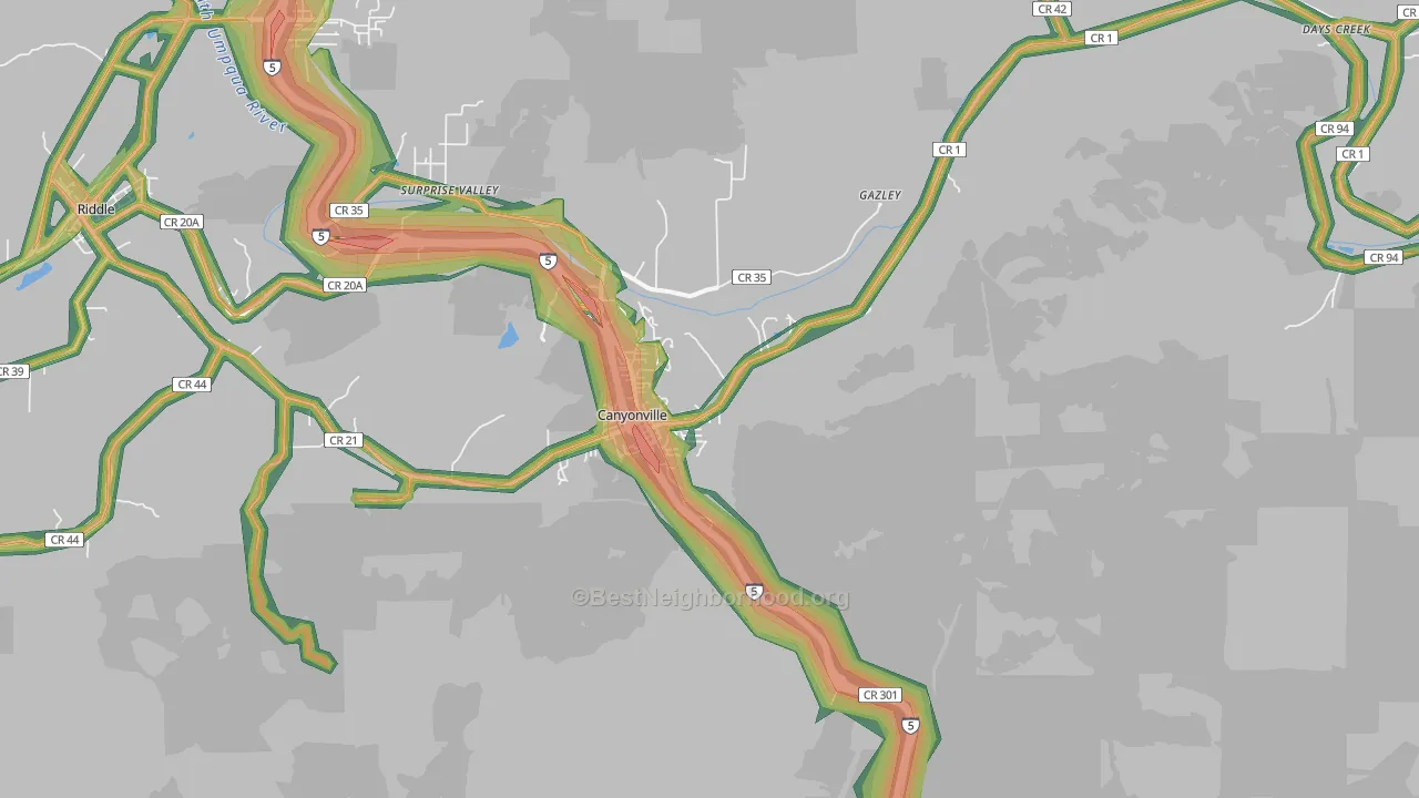 Canyonville, OR Map of Noise Levels in Canyonville