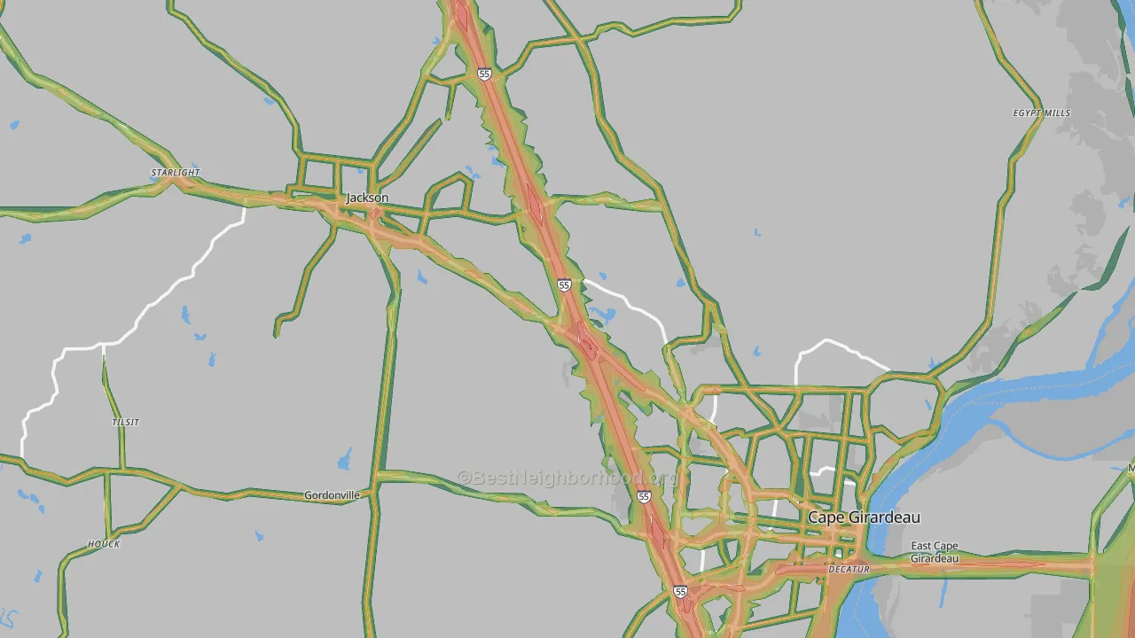 Cape Girardeau County, MO Map of Noise Levels in Cape Girardeau County