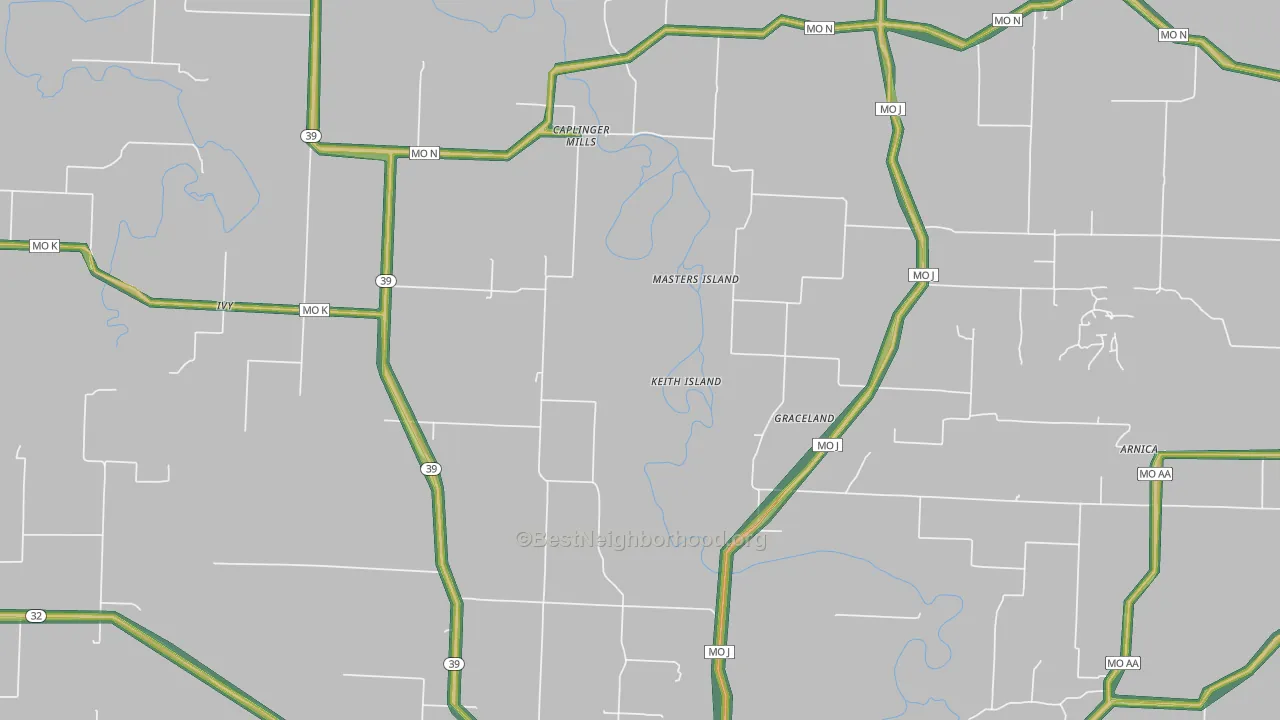 Caplinger Mills, MO Map of Noise Levels in Caplinger Mills