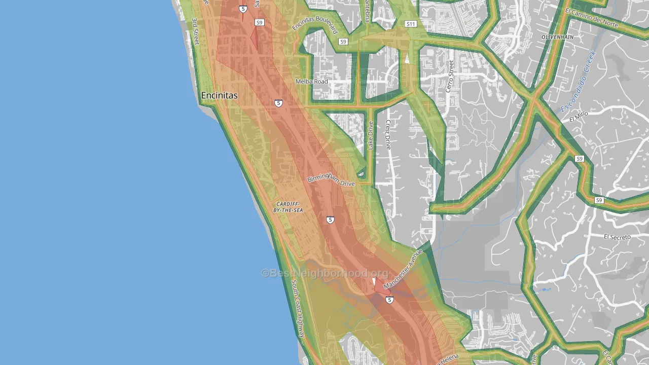 Cardiff By The Sea, CA Map of Noise Levels in Cardiff By The Sea