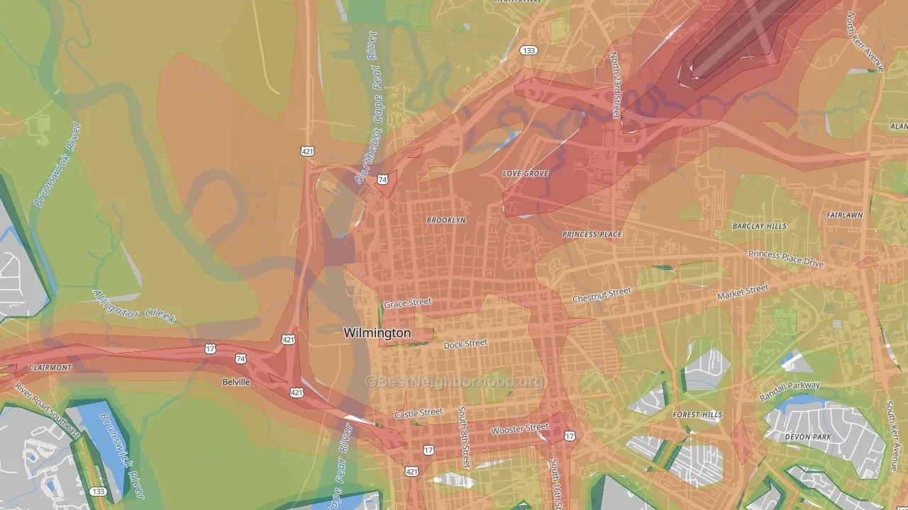 Carolina Heights, Wilmington, NC Map of Noise Levels in Carolina Heights