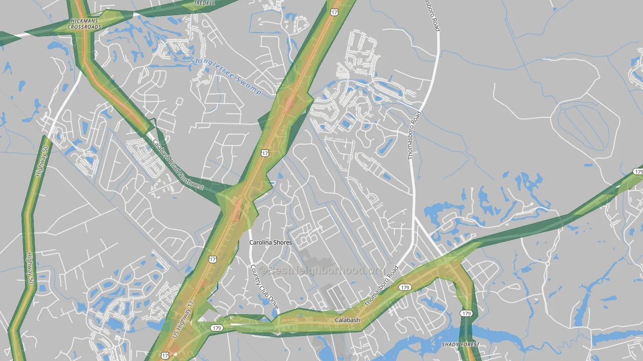 Carolina Shores, NC Map of Noise Levels in Carolina Shores