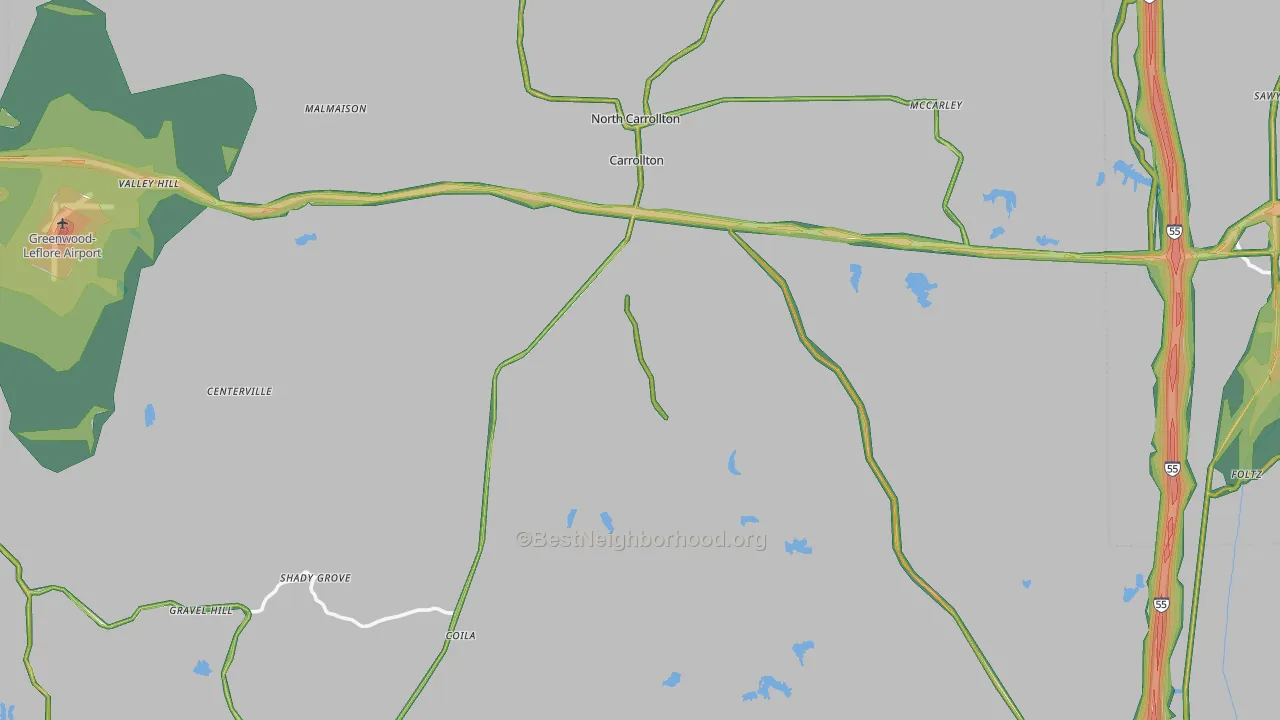 Carroll County, MS Map of Noise Levels in Carroll County