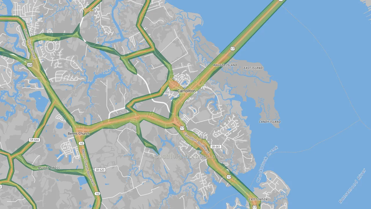 Carrollton, VA Map of Noise Levels in Carrollton