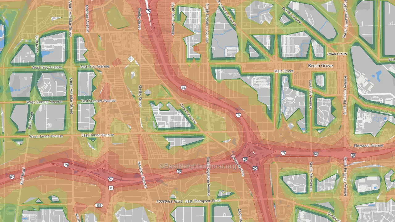 Carson Heights, Indianapolis, IN Map of Noise Levels in Carson Heights