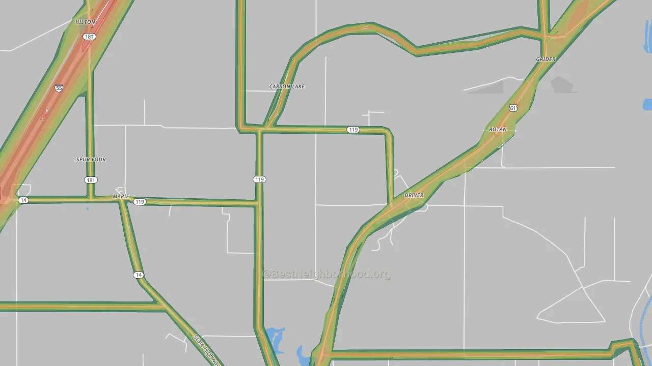 Carson Lake, AR Map of Noise Levels in Carson Lake