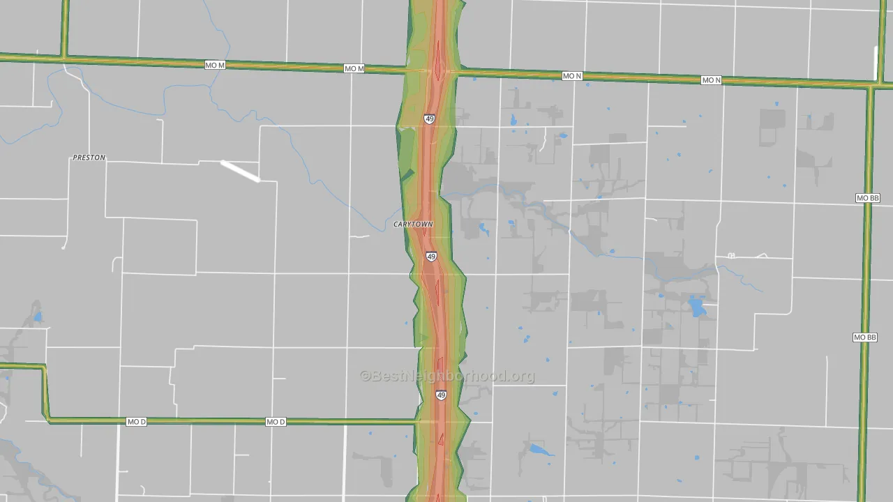 Carytown, MO Map of Noise Levels in Carytown