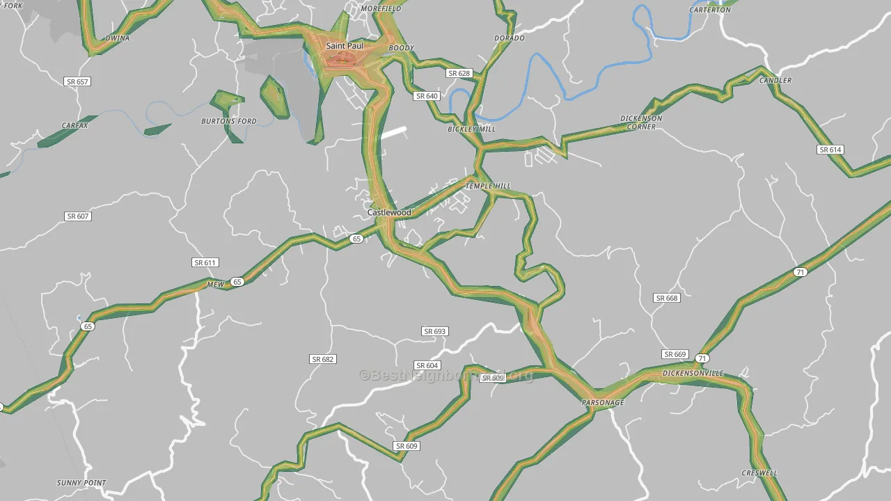 Castlewood, VA Map of Noise Levels in Castlewood