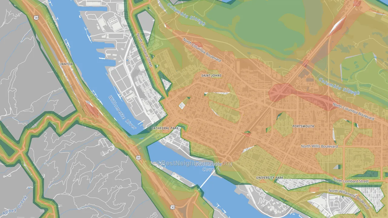 Cathedral Park, Portland, OR Map of Noise Levels in Cathedral Park